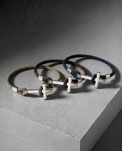 Men's Rope Cross Bracelet Trio in Khaki, Hickory Brown and Navy Blue with silver crosses