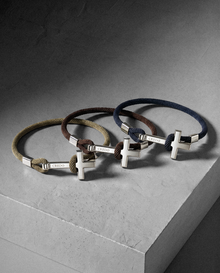 Men's Rope Cross Bracelet Trio in Khaki, Hickory Brown and Navy Blue with silver crosses