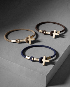 Women's Rope Cross Bracelet Trio in Khaki, Hickory Brown and Navy Blue with gold crosses