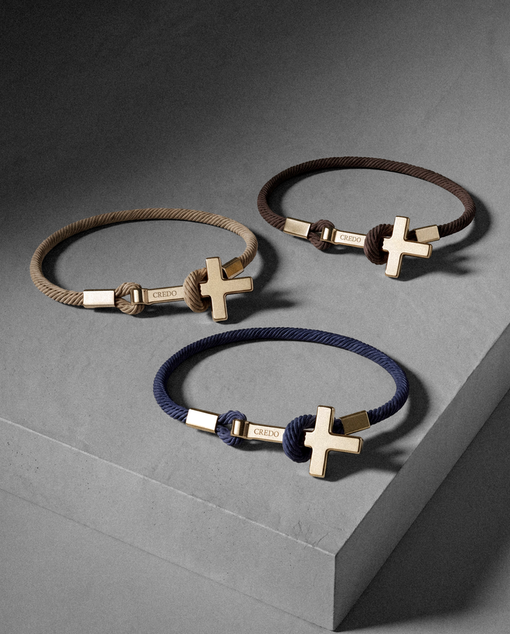 Women's Rope Cross Bracelet Trio in Khaki, Hickory Brown and Navy Blue with gold crosses