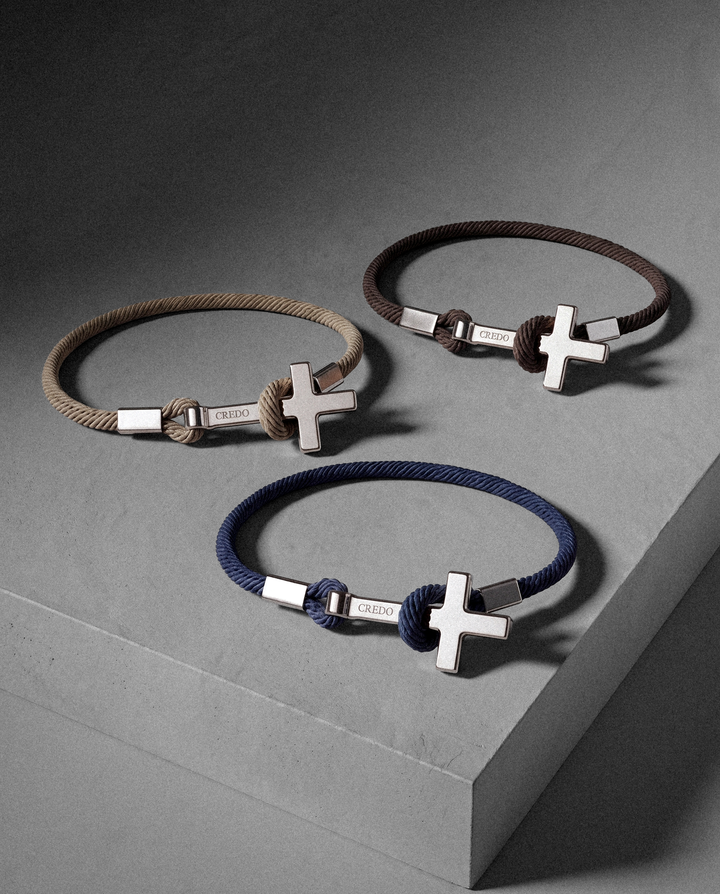 Women's Rope Cross Bracelet Trio in Khaki, Hickory Brown and Navy Blue with silver crosses
