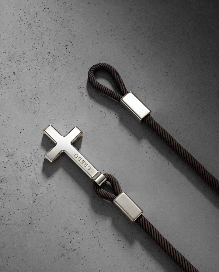 Women's Rope Cross Bracelet in hickory brown with a silver cross, second view