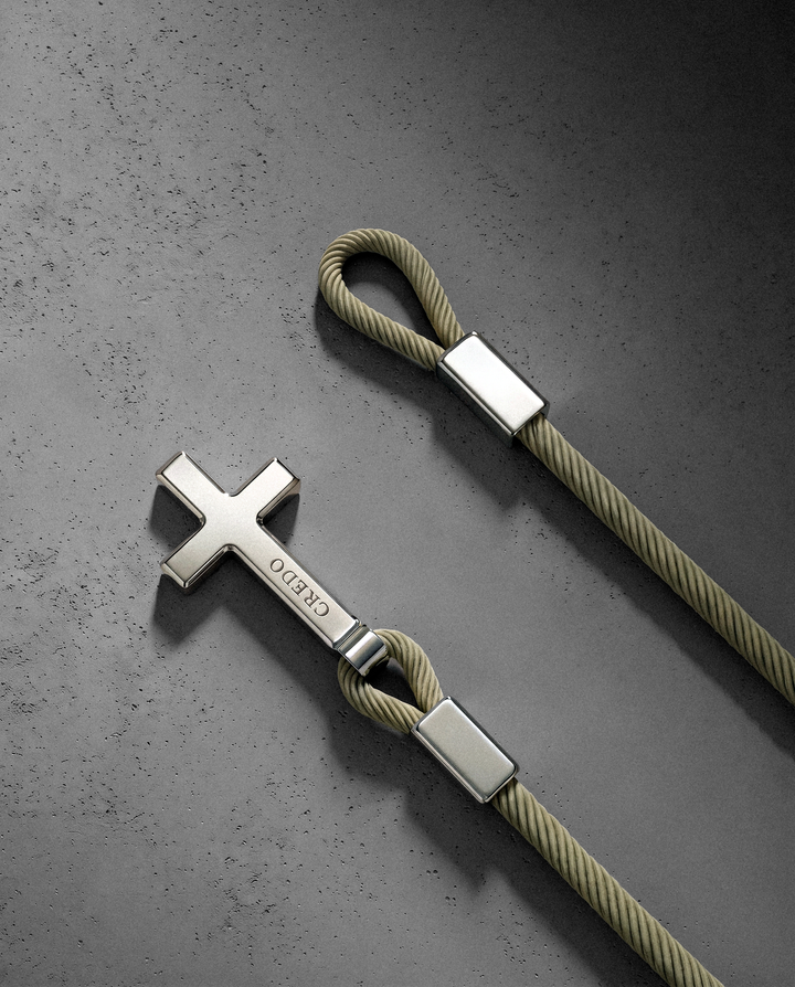 Women's Rope Cross Bracelet in khaki with a silver cross, second view