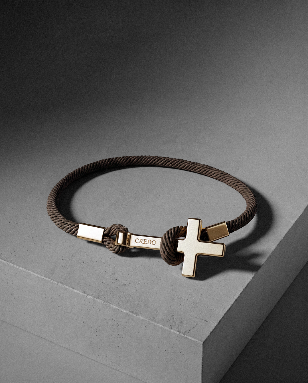 Women's Rope Cross Bracelet in hickory brown with a gold cross