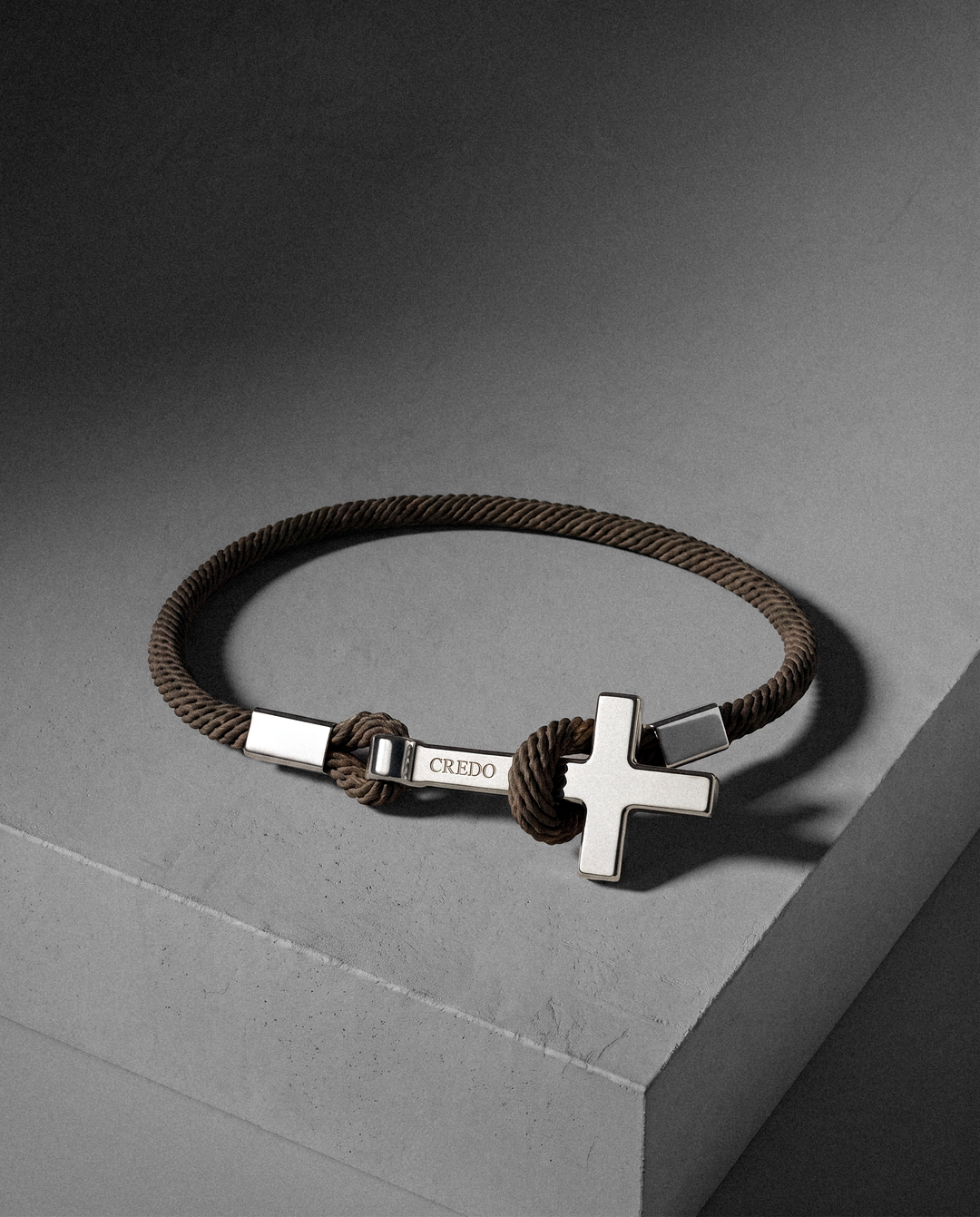 Women's Rope Cross Bracelet in hickory brown with a silver cross