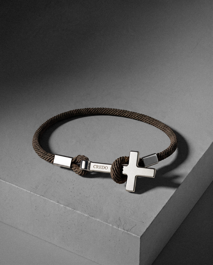Women's Rope Cross Bracelet in hickory brown with a silver cross