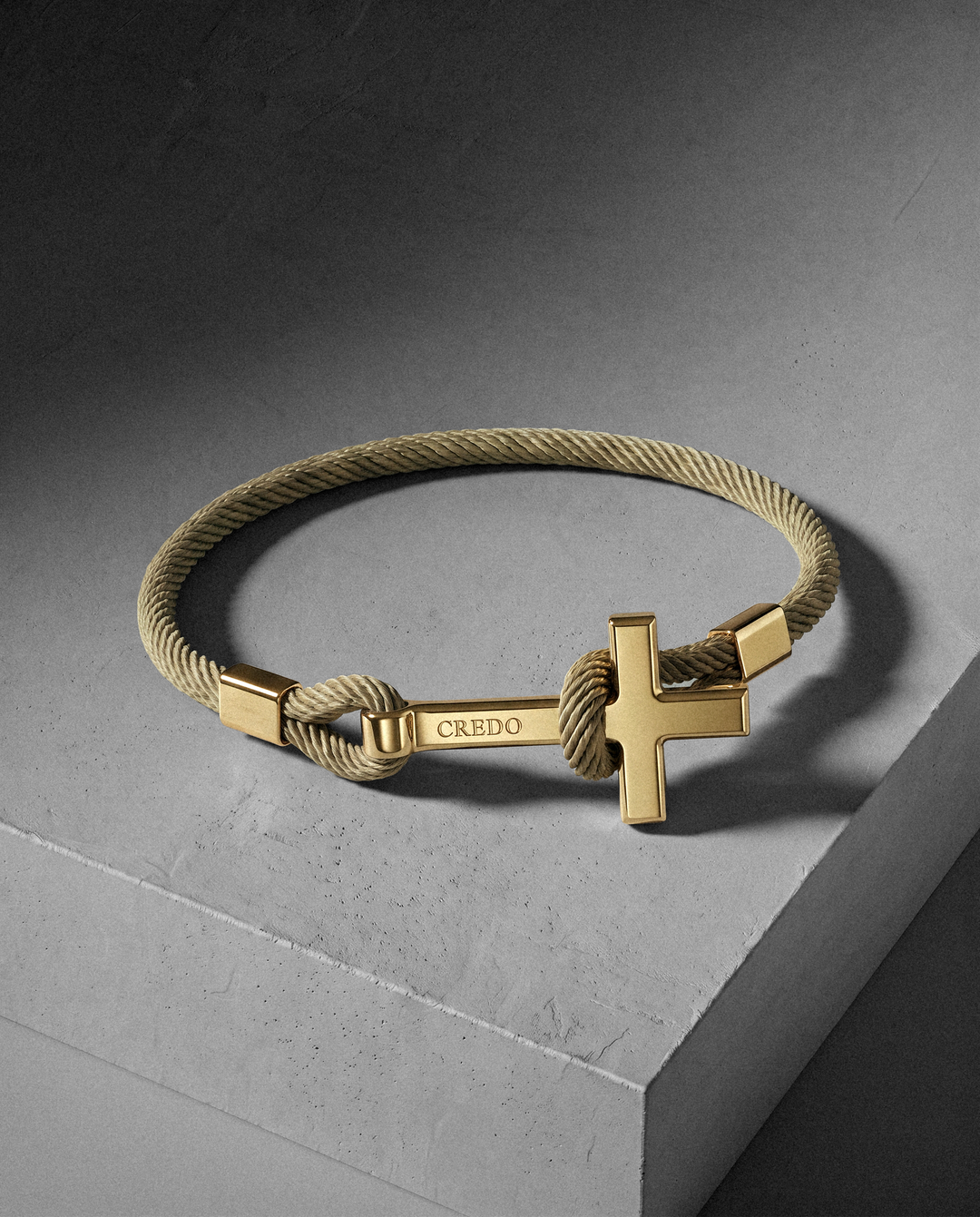 Men's Rope Cross Bracelet in khaki with a gold cross