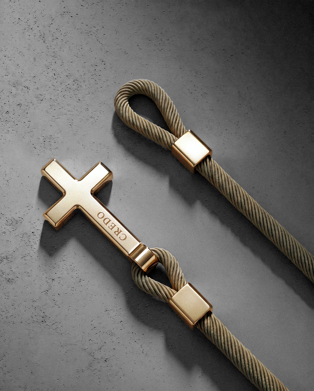 Men's Rope Cross Bracelet in khaki with a gold cross, second view