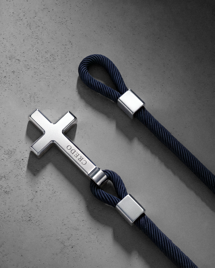 Men's Rope Cross Bracelet in navy blue with a silver cross, second view