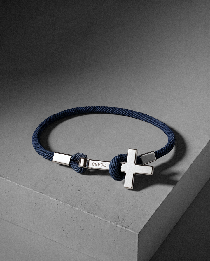 Women's Rope Cross Bracelet in navy blue with a silver cross