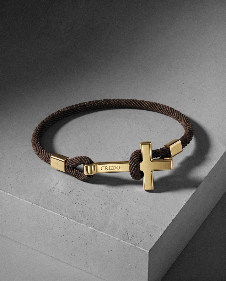 Men's Rope Cross Bracelet in hickory brown with a gold cross