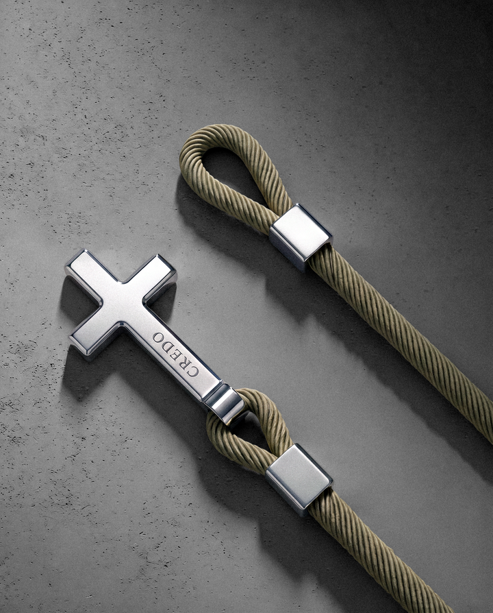 Men's Rope Cross Bracelet in khaki with a silver cross, second view