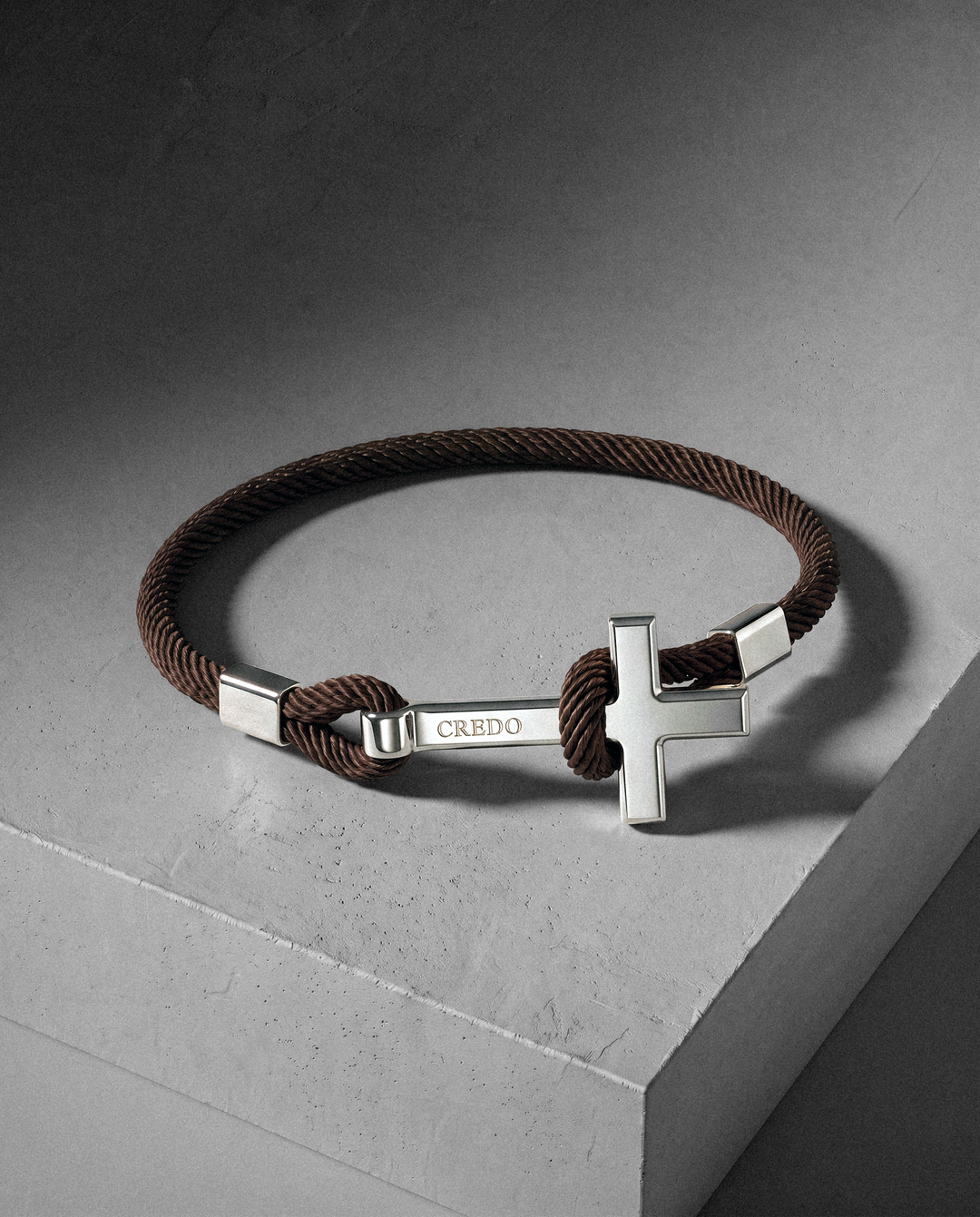 Men's Rope Cross Bracelet in hickory brown with a silver cross
