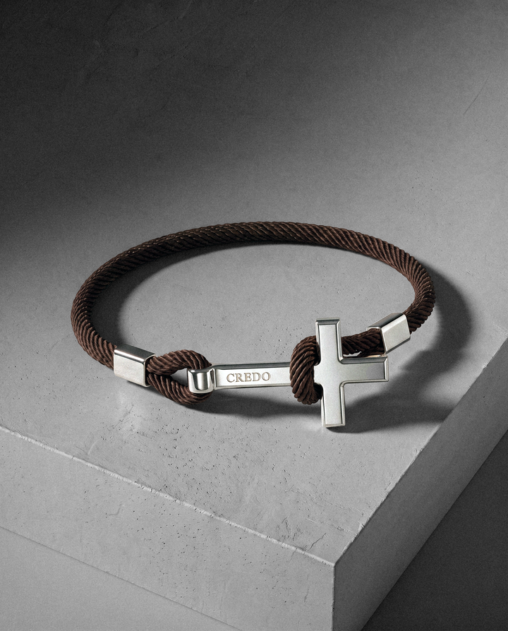 Men's Rope Cross Bracelet in hickory brown with a silver cross