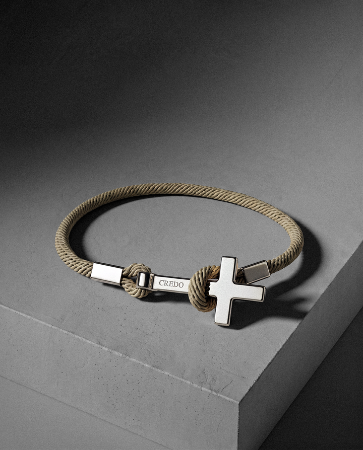 Women's Rope Cross Bracelet in khaki with a silver cross