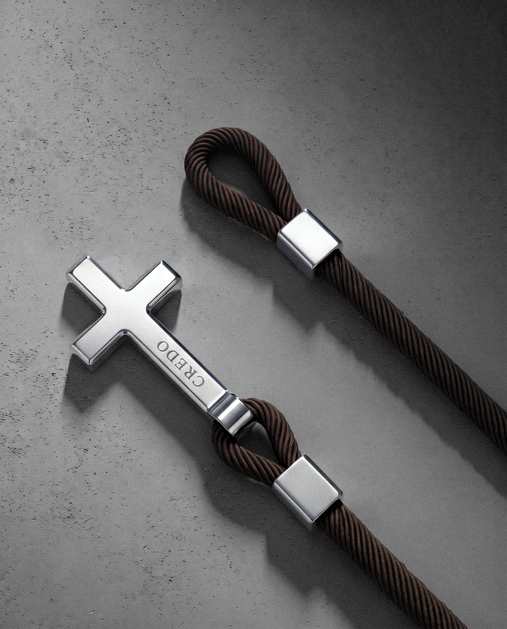 Men's Rope Cross Bracelet in hickory brown with a silver cross, second view