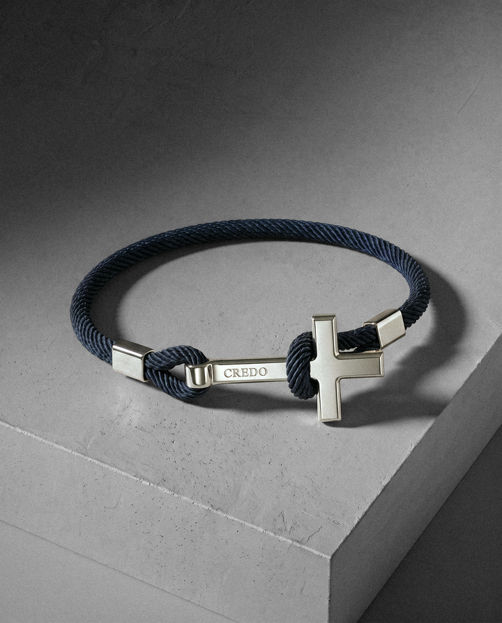Men's Rope Cross Bracelet in navy blue with a silver cross