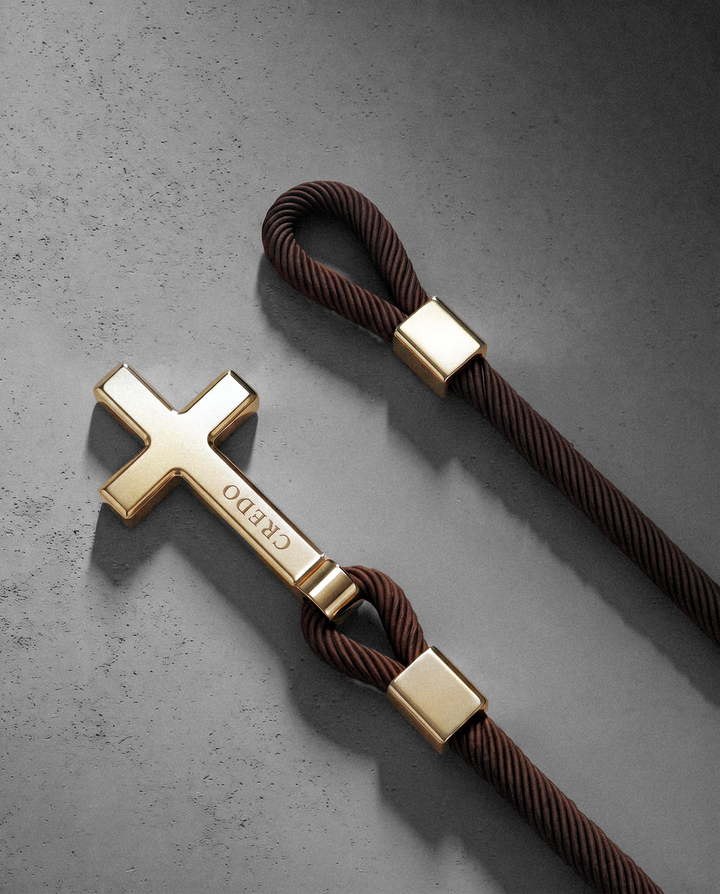 Men's Rope Cross Bracelet in hickory brown with a gold cross, second view