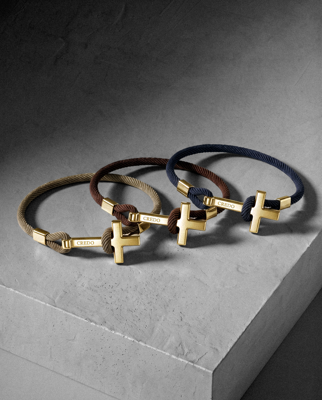 Men's Rope Cross Bracelet Trio in Khaki, Hickory Brown and Navy Blue with gold crosses